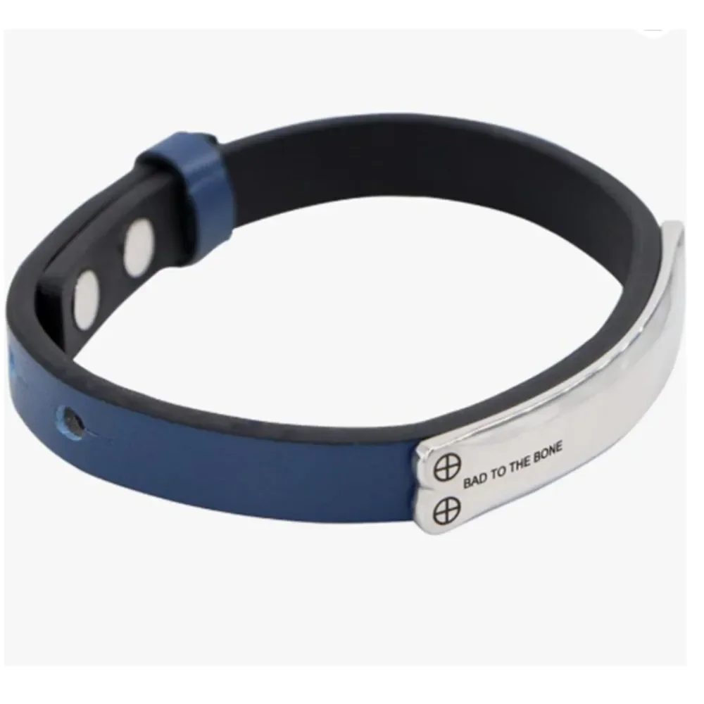 Men's Genuine BLUE Leather BAD TO THE BONE Adjustable Bracelet